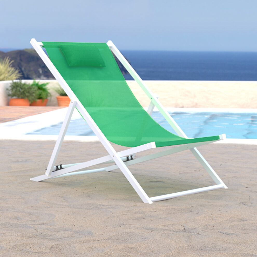 Green finish sunset outdoor sling lounge chair with headrest cushion by Leisure Mod