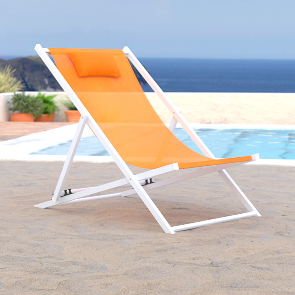 Orange finish sunset outdoor sling lounge chair with headrest cushion by Leisure Mod