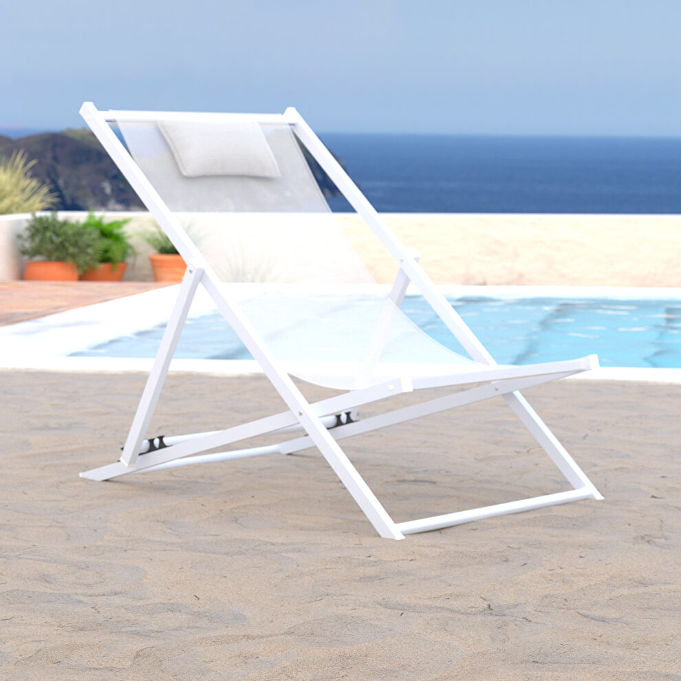 White finish sunset outdoor sling lounge chair with headrest cushion by Leisure Mod