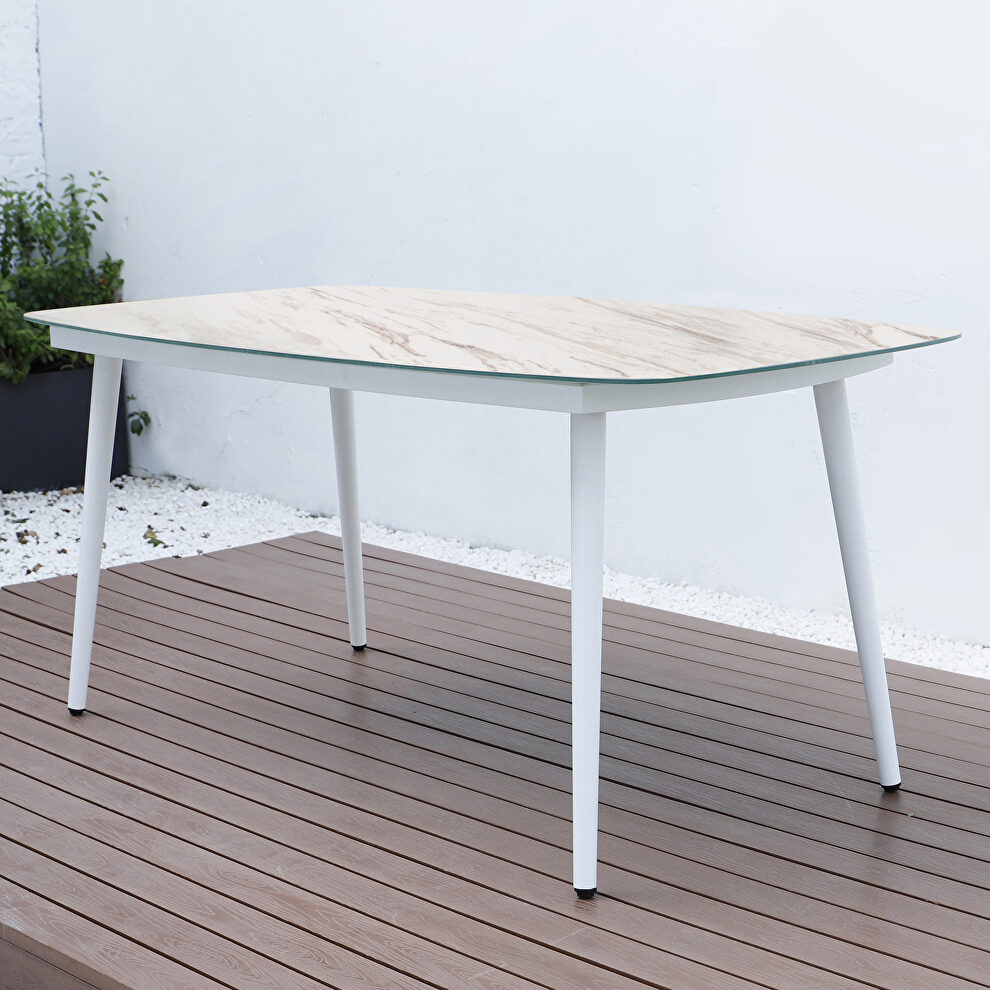 White finish marble top outdoor patio modern dining table by Leisure Mod