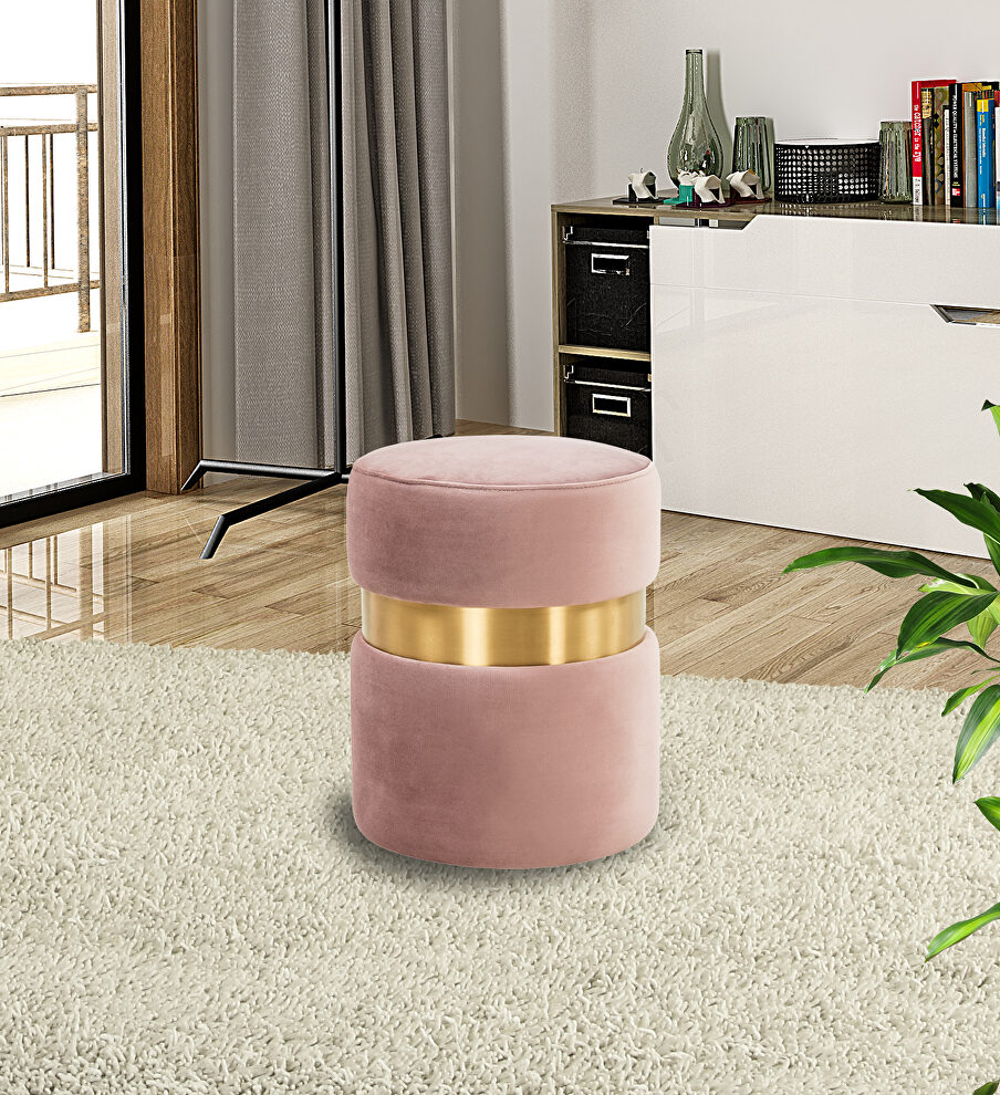 Pink velvet modern round ottoman by Leisure Mod