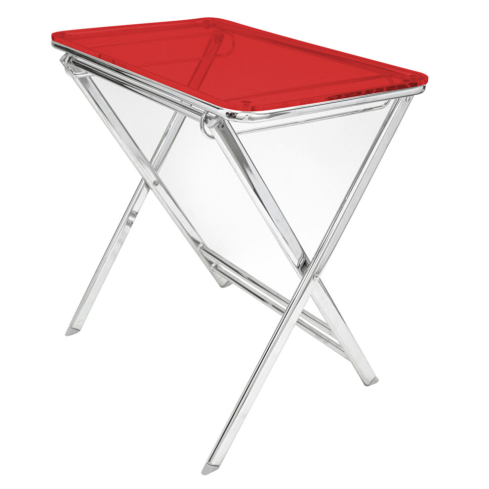 Red acrylic top and chrome base x/cross legs side table by Leisure Mod
