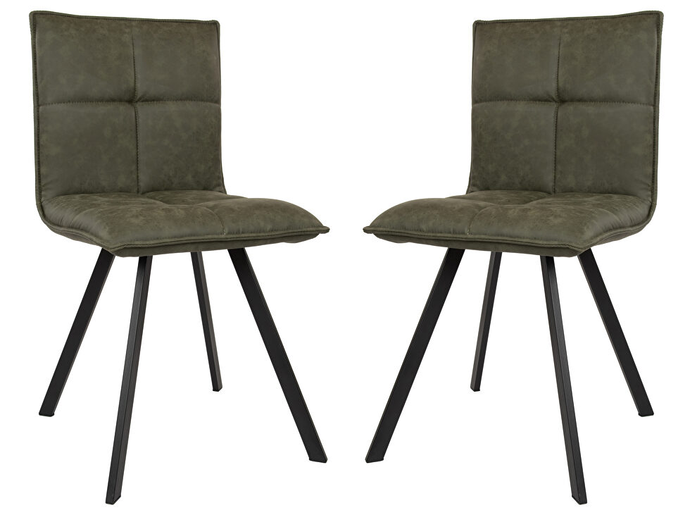 Olive green leather dining chair with sturdy metal legs/ set of 2 by Leisure Mod