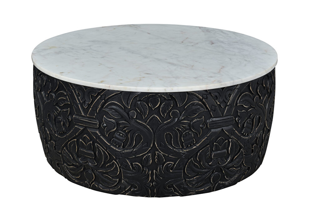 Carved round coffee table with white marble top by Mod-Arte