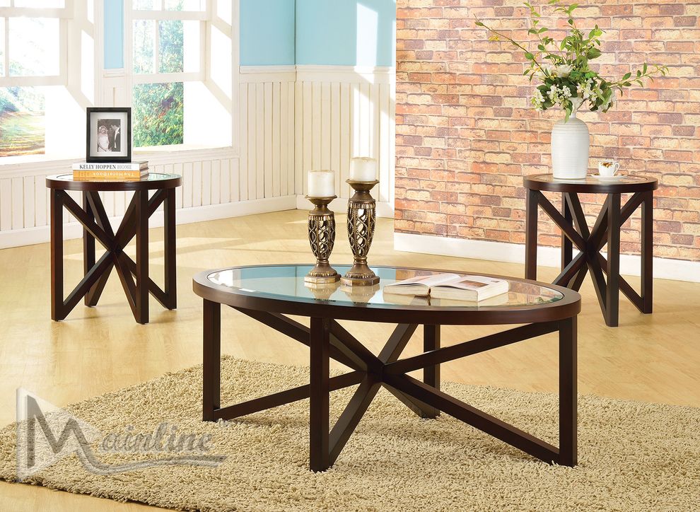 3pcs espresso / glass tops coffee table set by Mainline