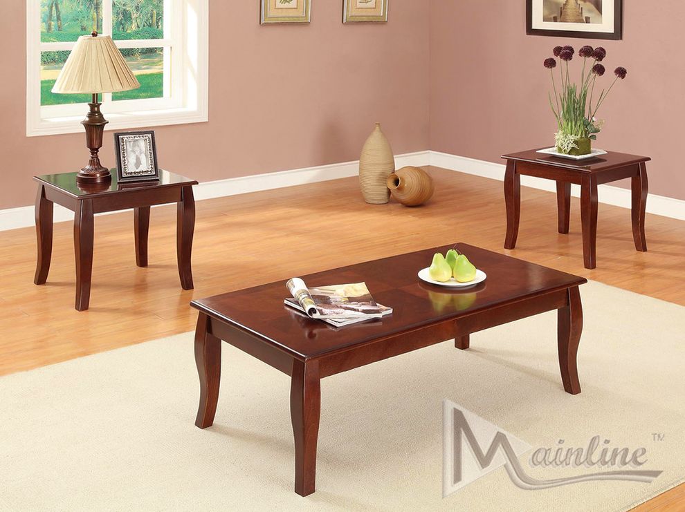 Cherry finish 3pcs inlaid tops coffee table set by Mainline