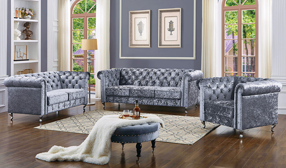 Silver velour fabric tufted sofa in glam style by Mainline