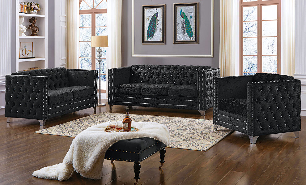 Black velour fabric tufted sofa in glam style by Mainline