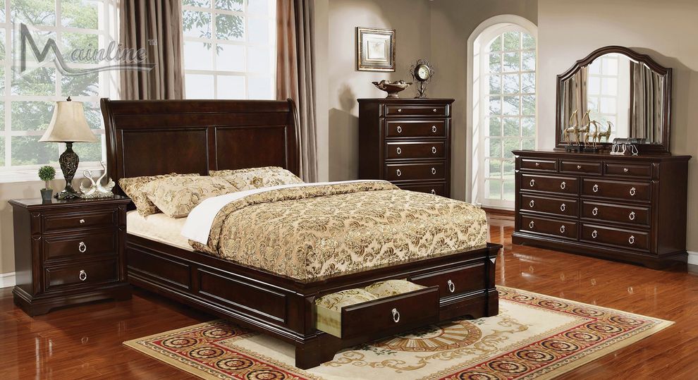 Wood panel sleigh king bed w/ storage drawers by Mainline