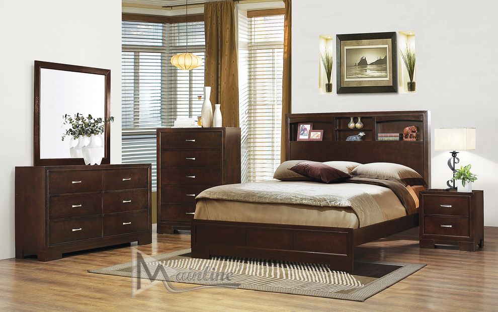 Contemporary bed with bookcase headboard storage by Mainline
