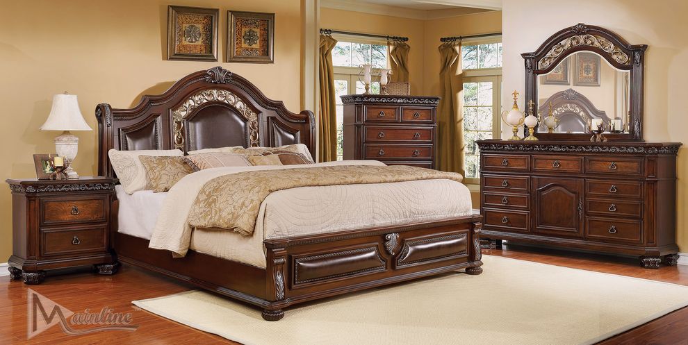 Sleigh classical style king bed w/ floral trellis design by Mainline