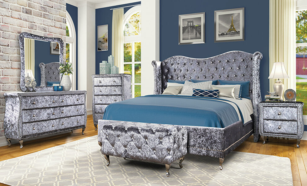 Melange silver velvet tufted glam style bedroom by Mainline
