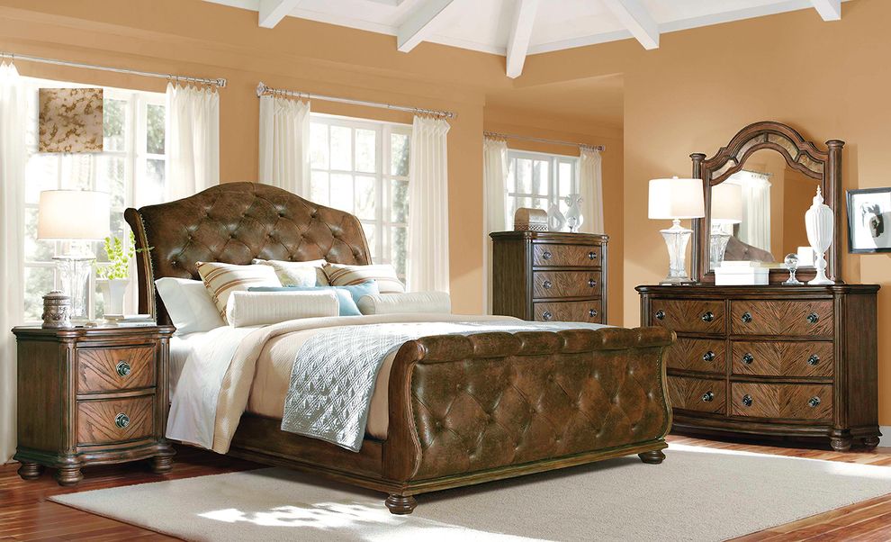 Ash wood finish / cracked leather fabric sleigh bed by Mainline