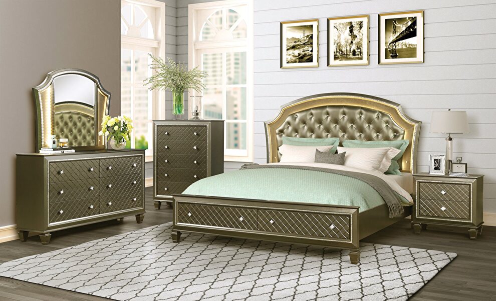 Glam style olive finish contemporary bed w/ led by Mainline
