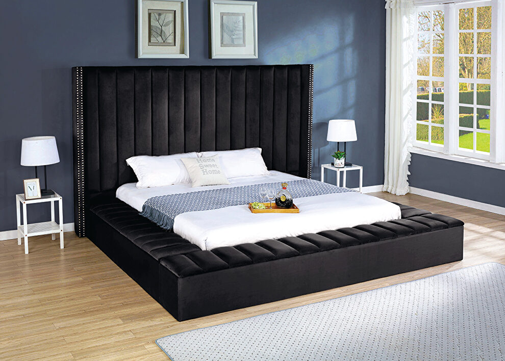 Storage black velvet bed w/ solid platform by Mainline