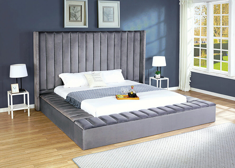 Storage gray velvet king bed w/ solid platform by Mainline