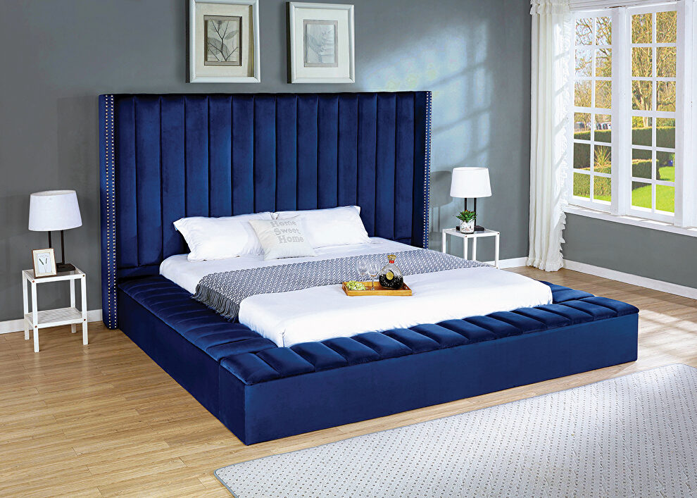 Storage blue velvet king bed w/ solid platform by Mainline