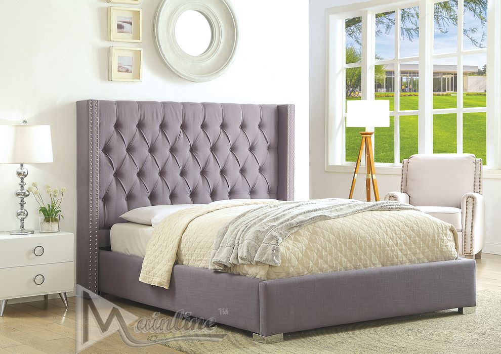 Gray linen fabric contemporary casual style king bed by Mainline