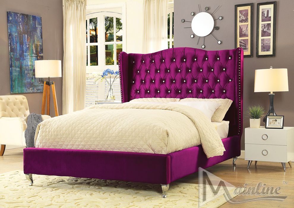 Neo-classical upholstered purple bed w/ tufted headboard by Mainline