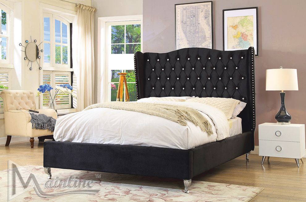 Neo-classical upholstered black king size bed w/ tufted hb by Mainline