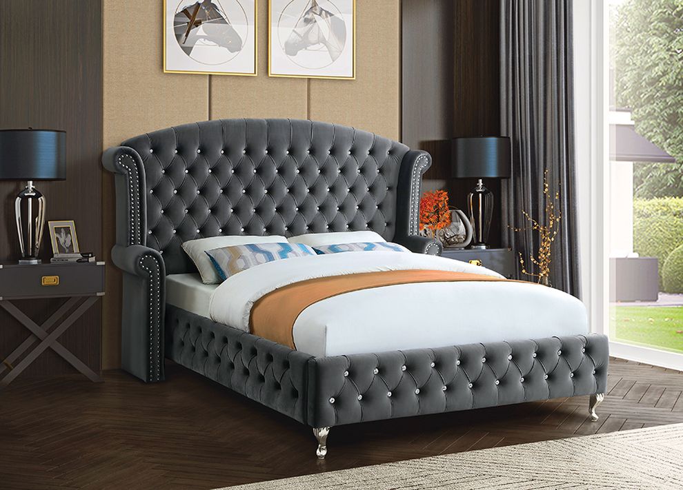 Gray tufted hb upholstered bed by Mainline