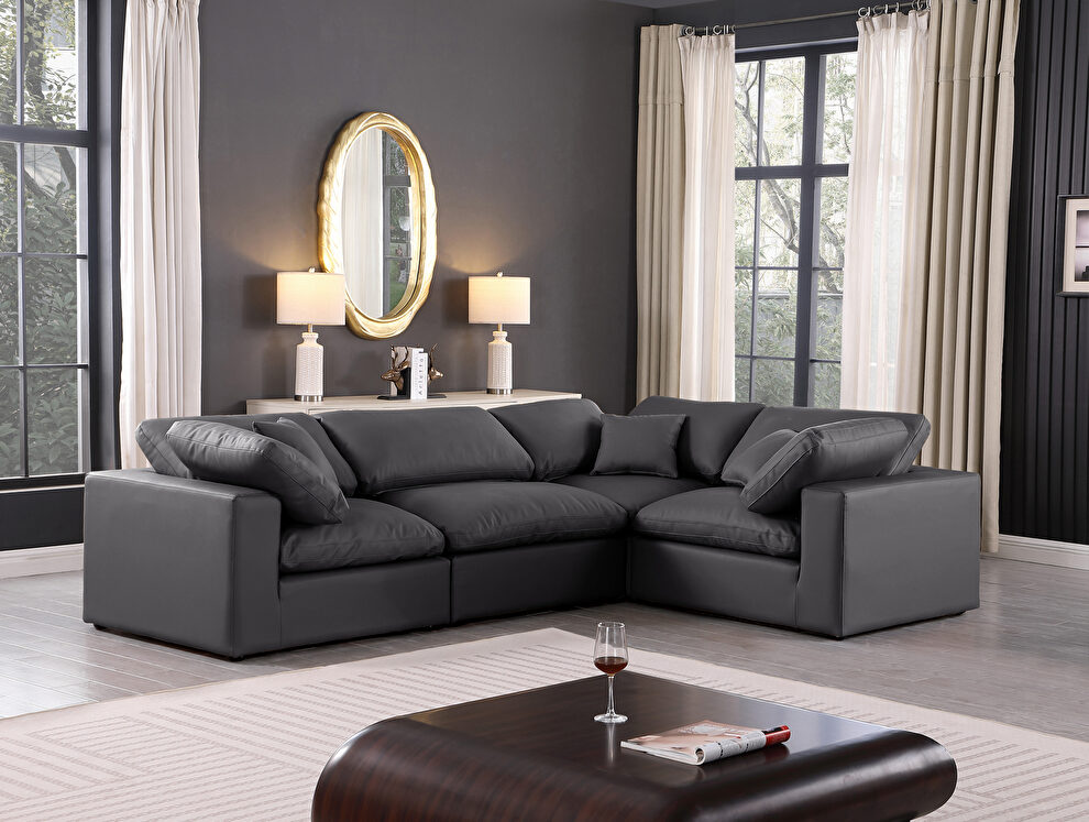 119-inch 4pcs black vegan leather comfy modular sectional sofa by Meridian