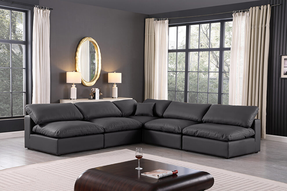 5pcs 118-inch black vegan leather comfy modular sectional sofa by Meridian