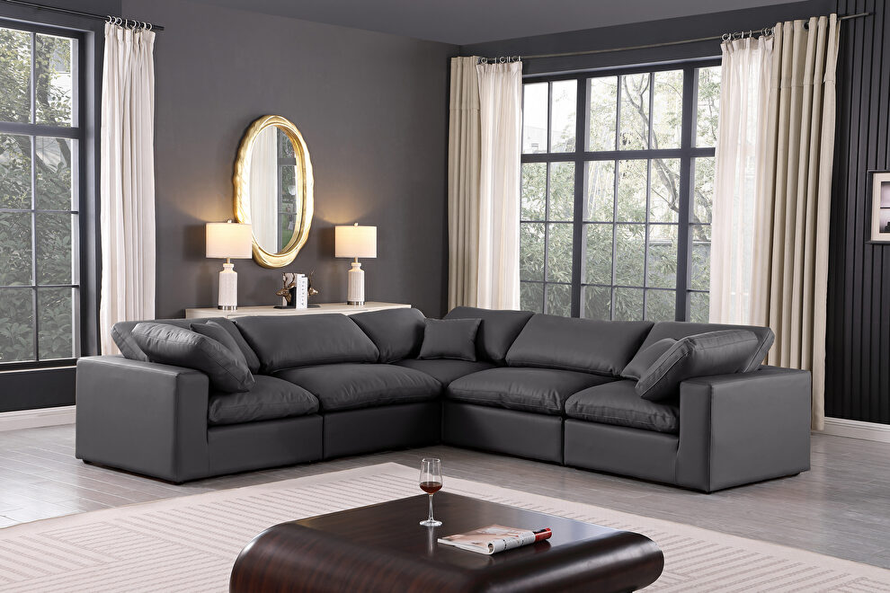 5pcs 119-inch black vegan leather comfy modular sectional sofa by Meridian
