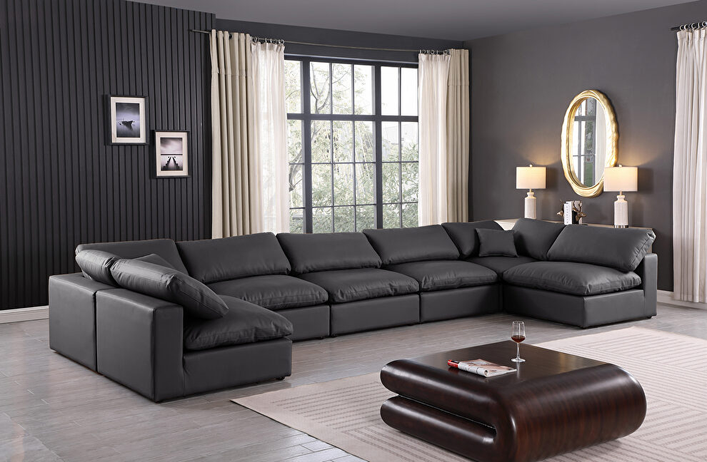 7pcs 197-inch black vegan leather comfy modular sectional sofa by Meridian