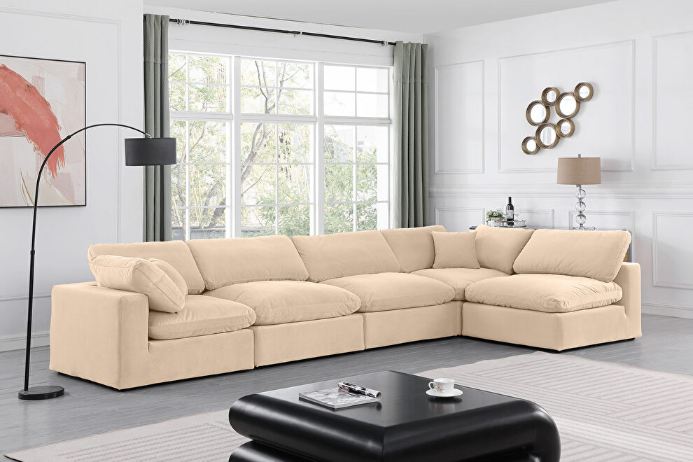 Modern 158-inch 5pcs beige velvet fabric modular sectional by Meridian