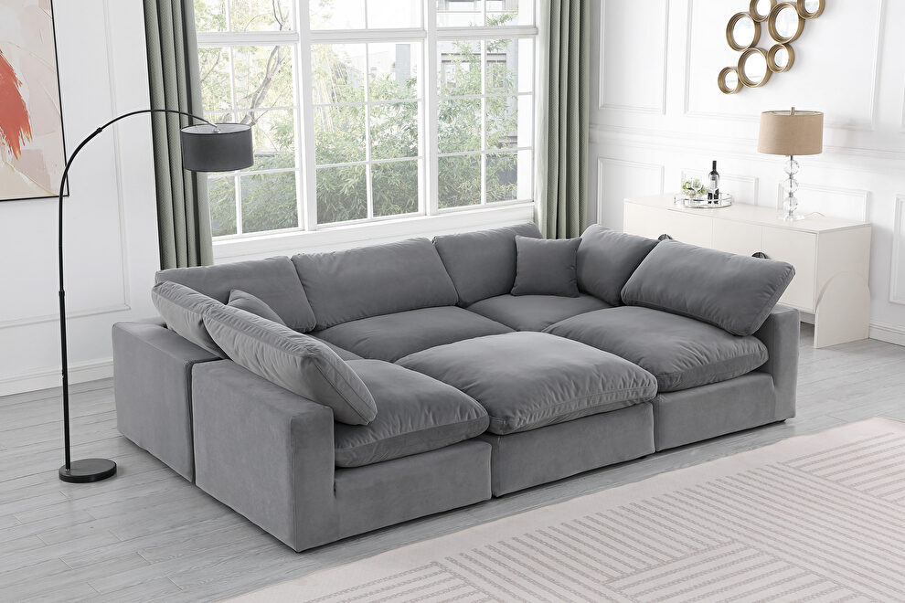 Modern 6pcs 119-inch gray velvet fabric modular sectional by Meridian