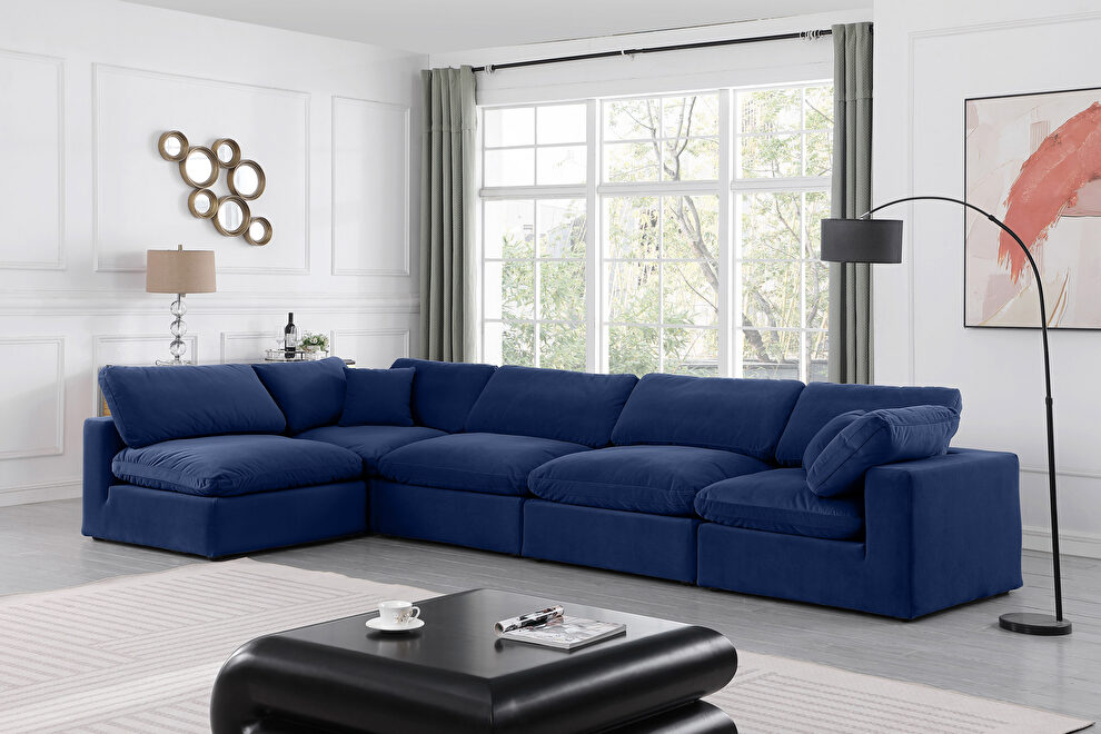 Modern 158-inch 5pcs navy velvet fabric modular sectional by Meridian