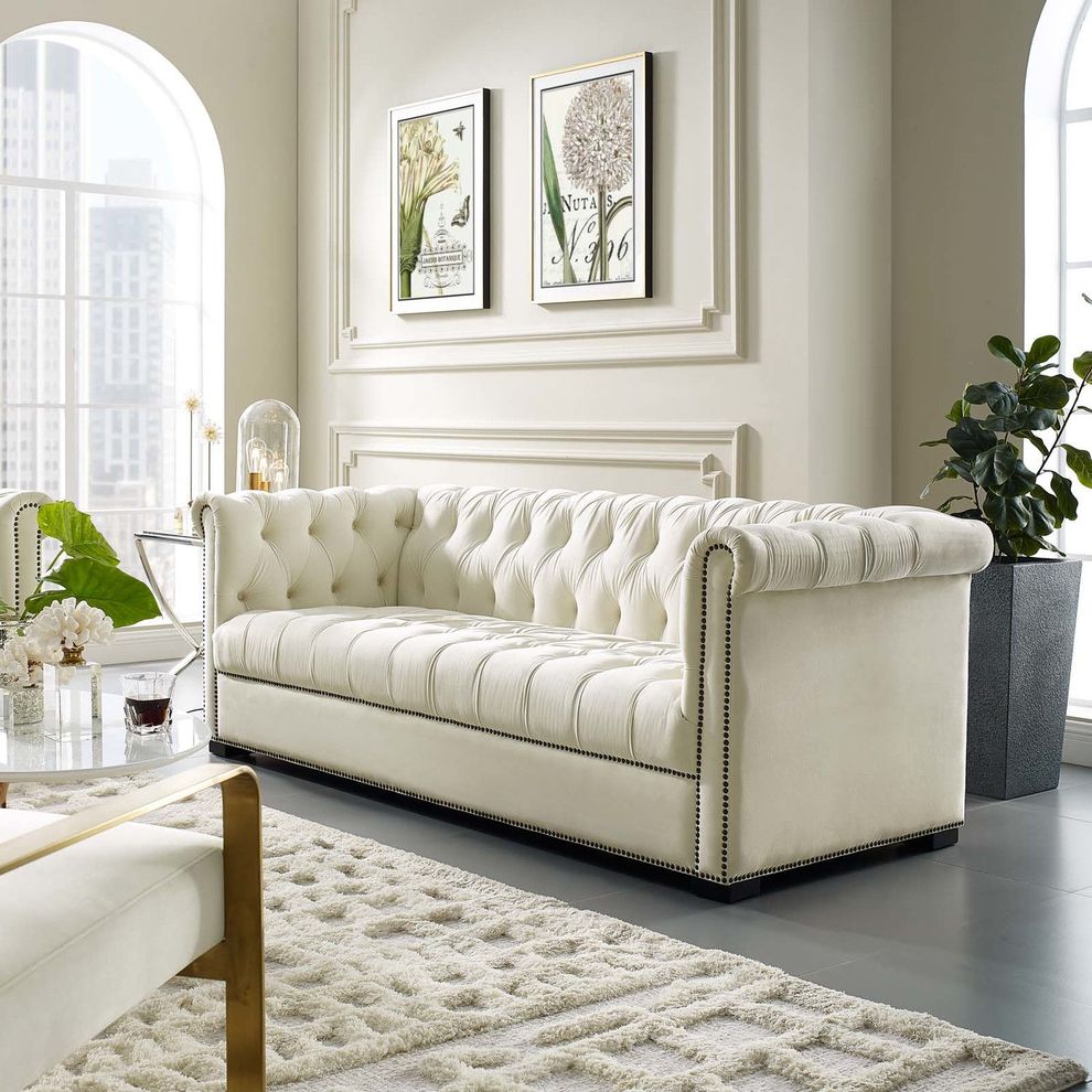 Classic tufted ivory fabric sofa by Modway