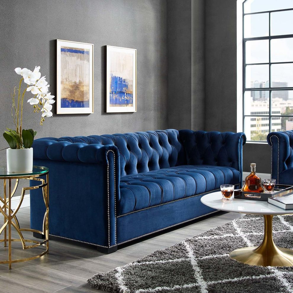 Classic tufted midnight blue fabric sofa by Modway