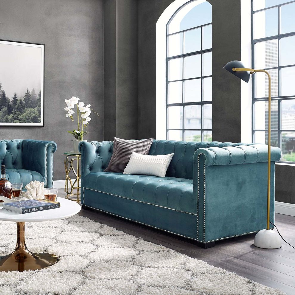 Classic tufted sea blue fabric sofa by Modway