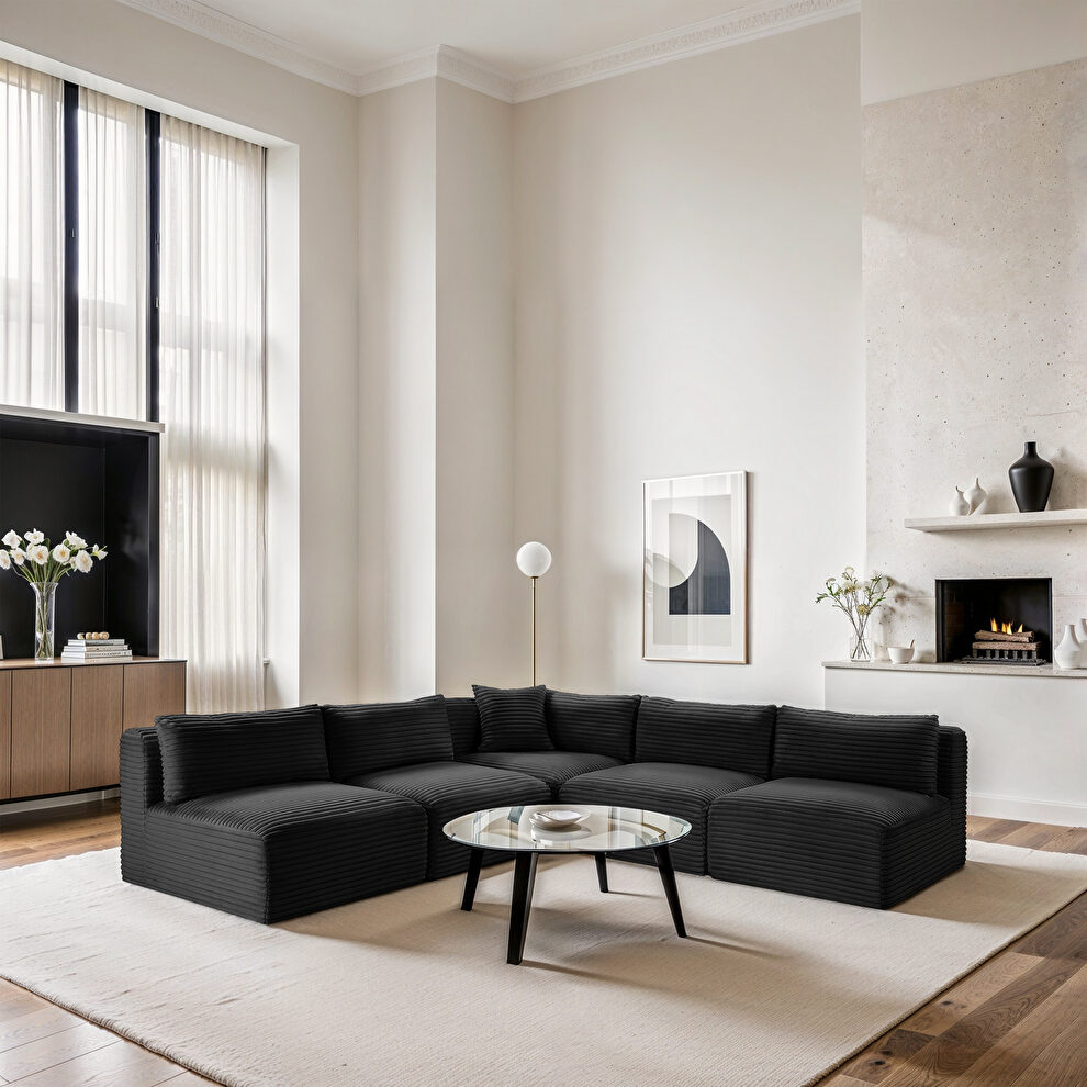 Black 101-inch 5pcs corduroy fabric low-profile modular sectional by Meridian
