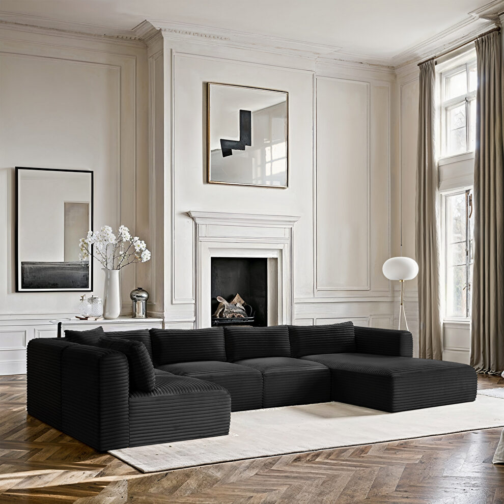 Black corduroy fabric low-profile modular 145-inch 5pcs sectional by Meridian