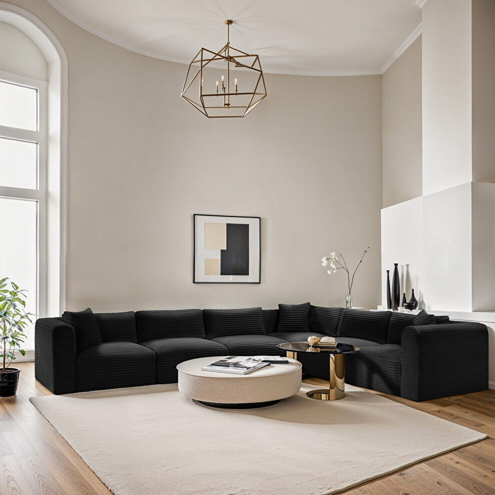 6pcs black corduroy fabric low-profile modular sectional by Meridian