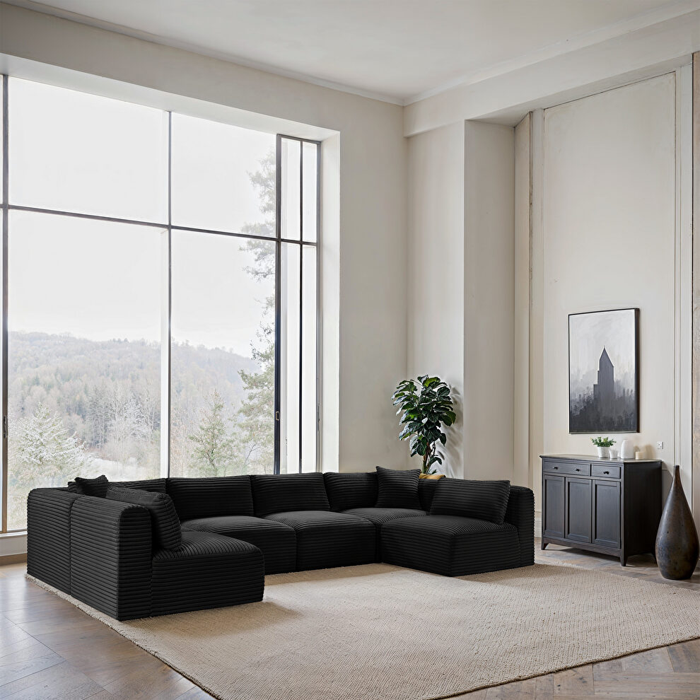 6pcs 140 inch black corduroy fabric low-profile modular sectional by Meridian