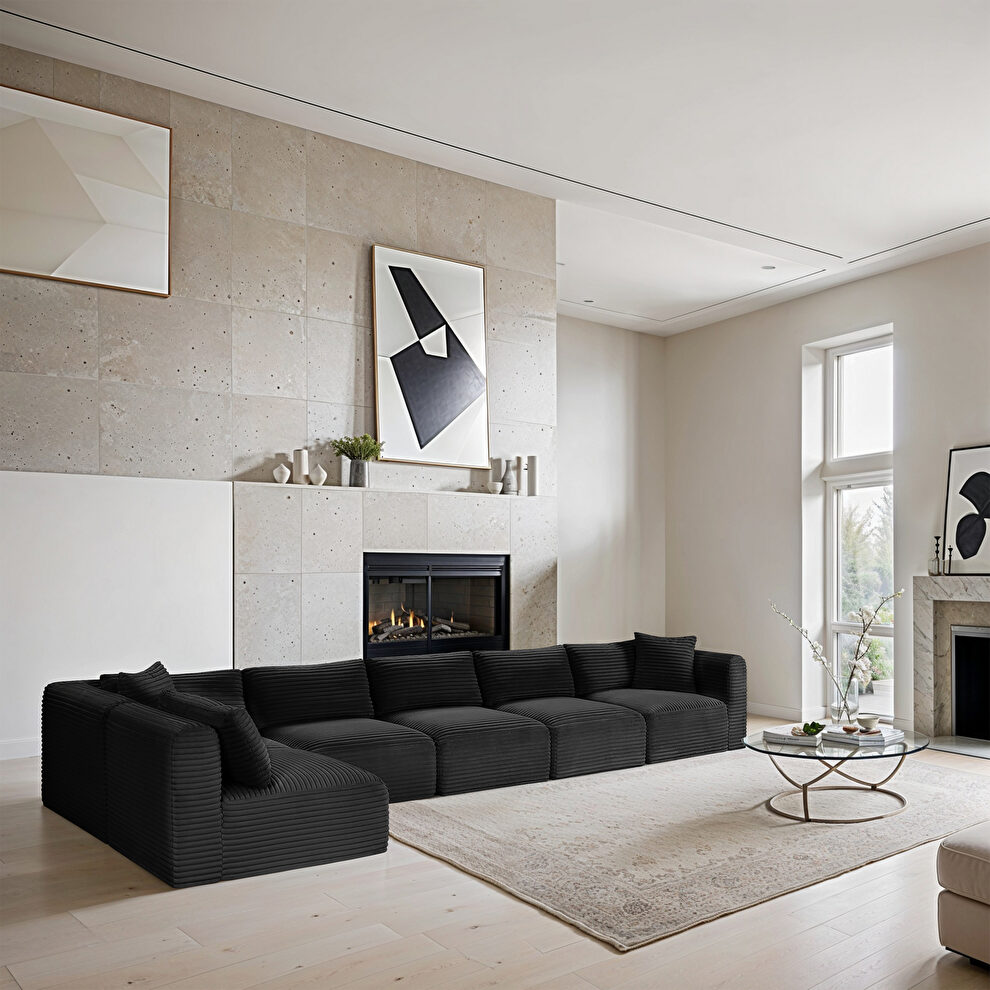 6pcs 170-inch black corduroy fabric low-profile modular sectional by Meridian