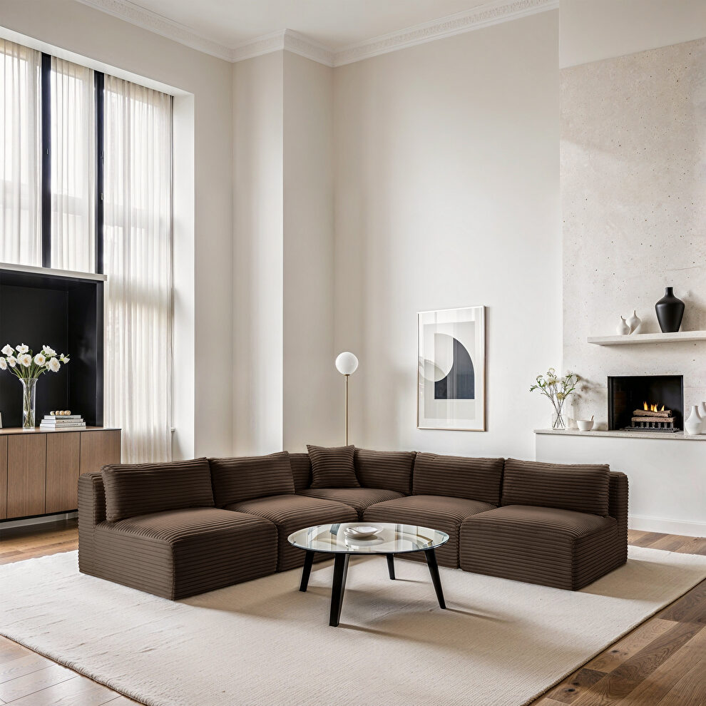 Brown 101-inch 5pcs corduroy fabric low-profile modular sectional by Meridian
