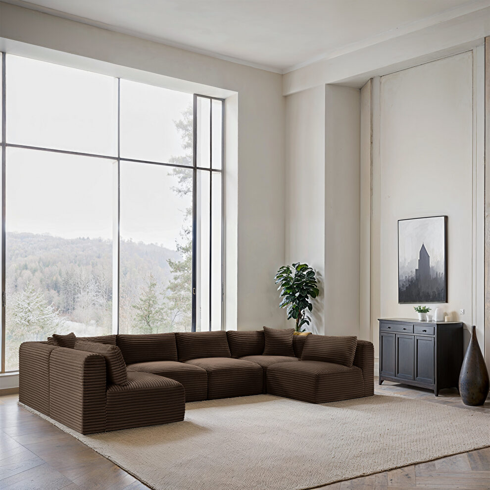 6pcs 140 inch brown corduroy fabric low-profile modular sectional by Meridian