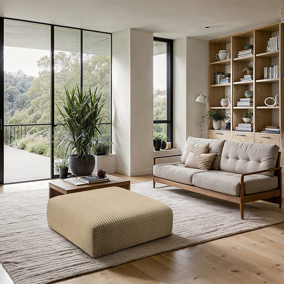 Camel corduroy fabric low-profile ottoman by Meridian