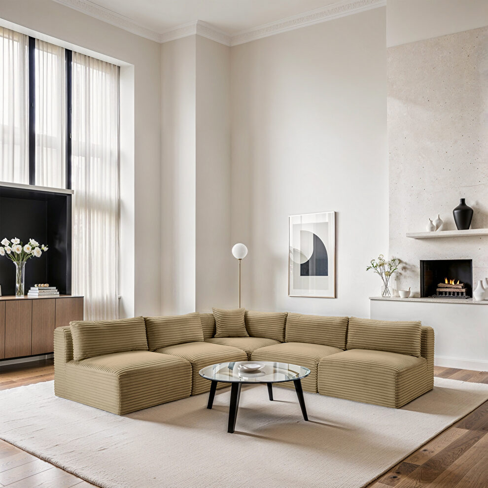 Camel 101-inch 5pcs corduroy fabric low-profile modular sectional by Meridian