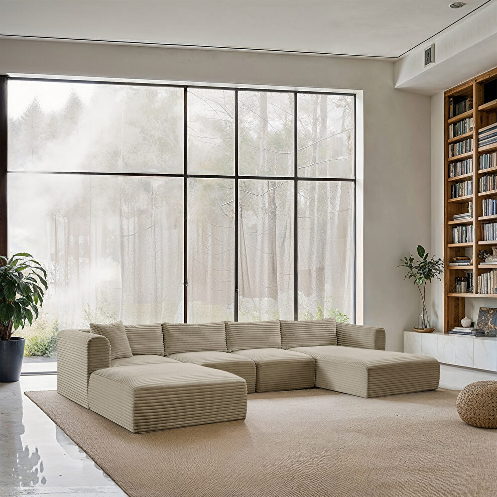 Cream 145-inch 5pcs corduroy fabric low-profile modular sectional by Meridian