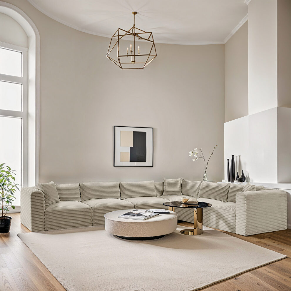 6pcs cream corduroy fabric low-profile modular sectional by Meridian