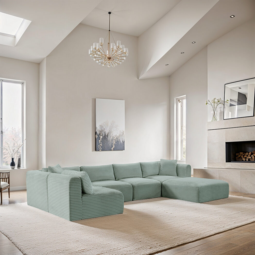 6pcs 140-inch mint corduroy fabric low-profile modular sectional by Meridian