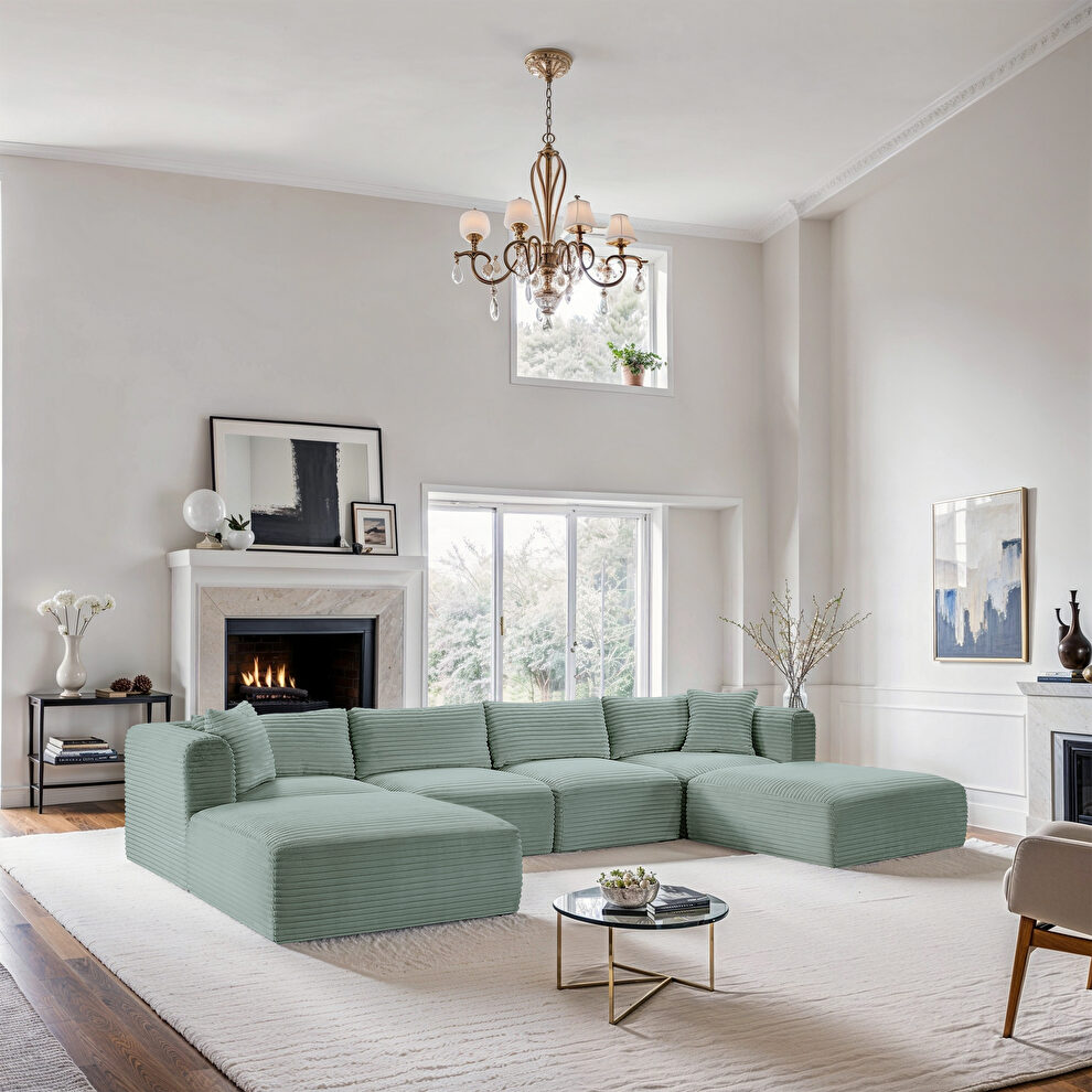 6pcs mint corduroy fabric low-profile 140-inch modular sectional by Meridian