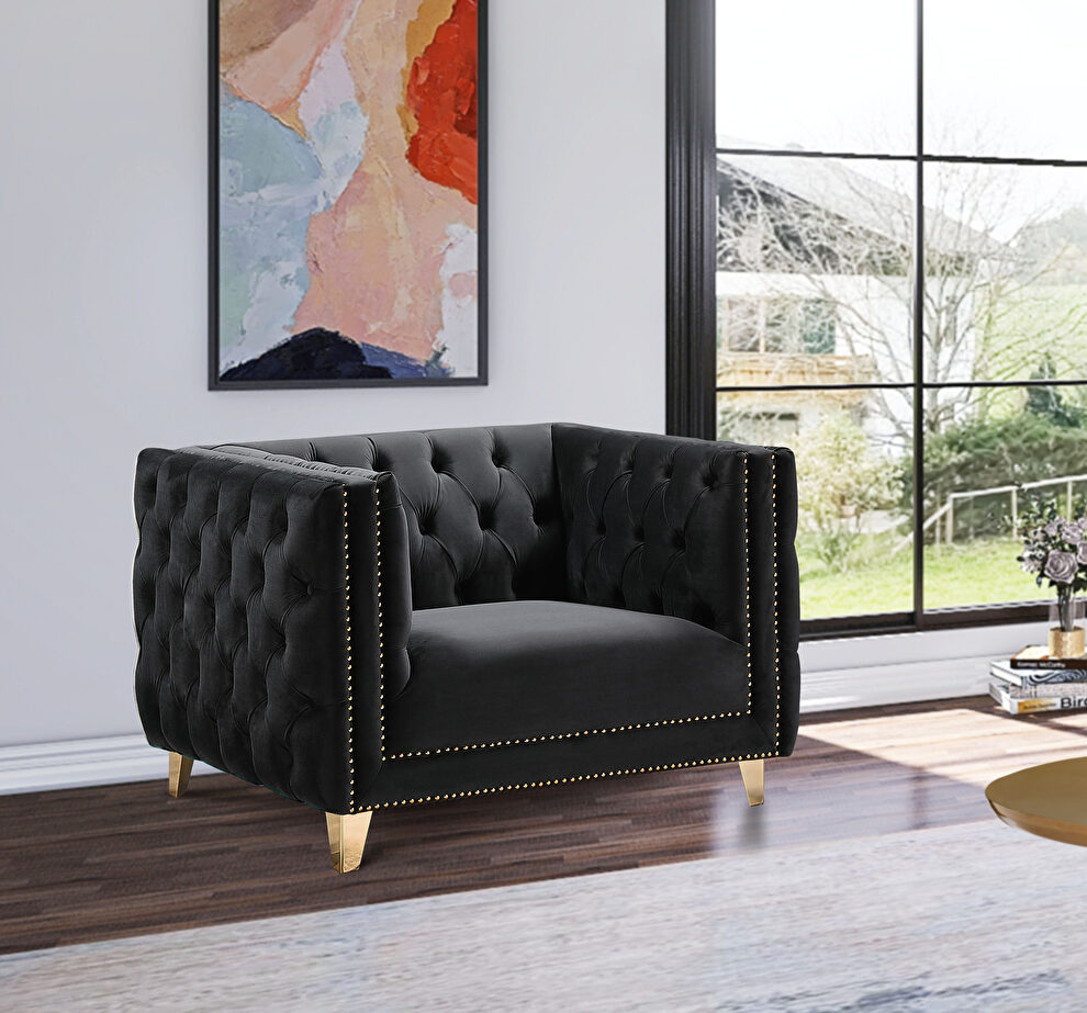 Black velvet / gold nailheads stylish chair by Meridian