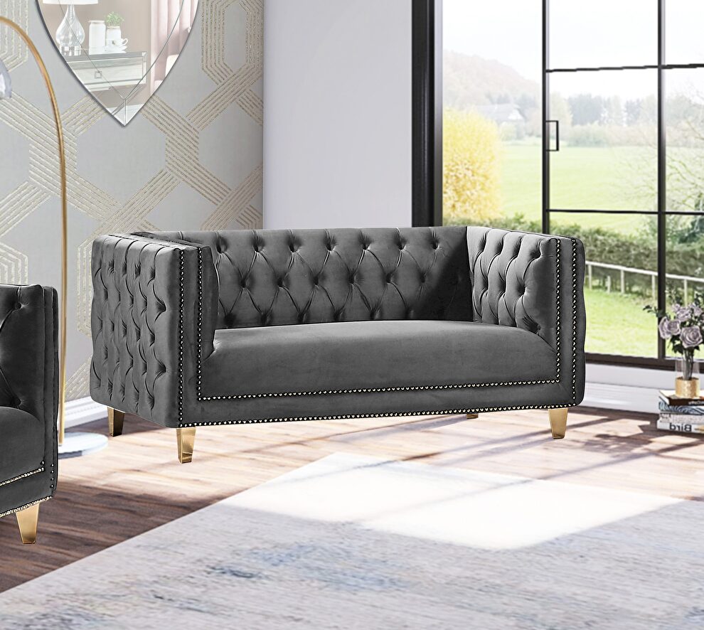 Gray velvet / gold nailheads stylish loveseat by Meridian